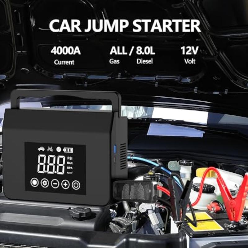 Portable Car Jump Starter, 4000A Car Battery Jump Starter with 150PSI Tire Inflator, 12V Car Battery Jump Starter, 15000mAh Power Bank, with LED Light
